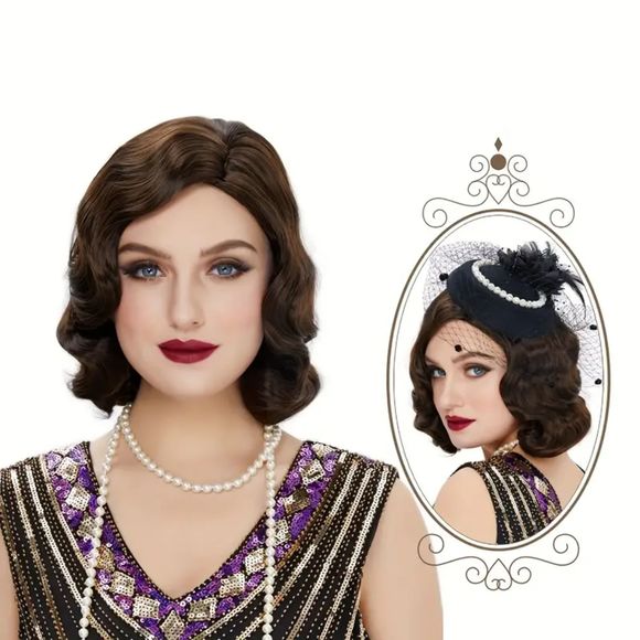 Cosplay Wig Classical 80s Water Wave Synthetic Fiber Hair Replacement Wig Brown - Picture 2 of 8